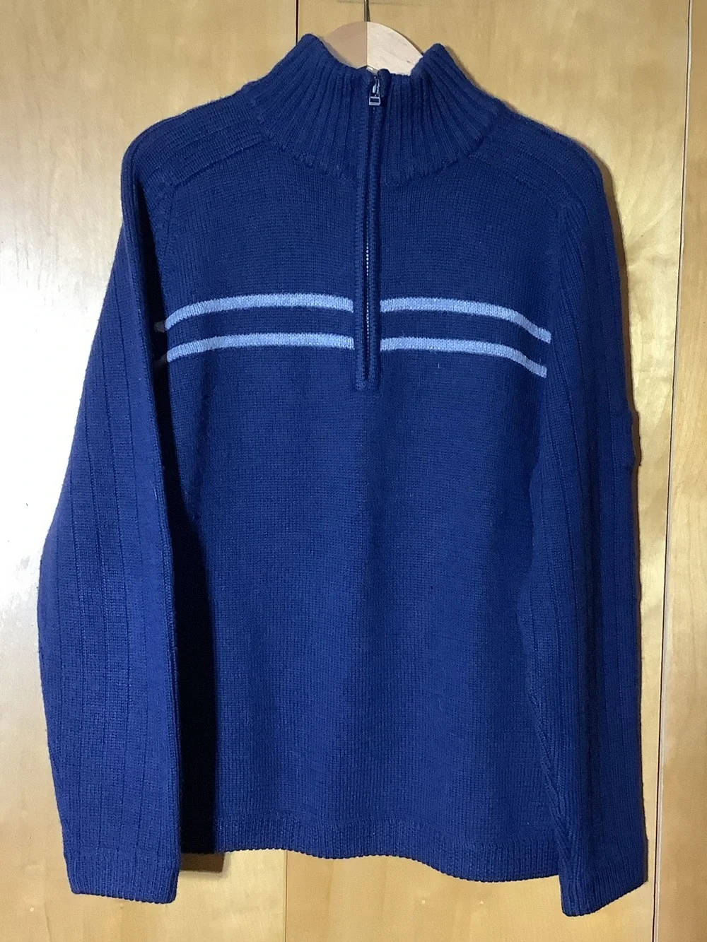 North Face 100% wool navy with gray stripes 1/4-zip sweater, size medium